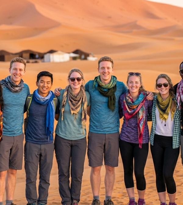 Group of friends in desert landscape student trip