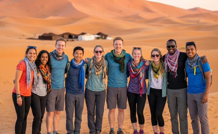 Group of friends in desert landscape student trip