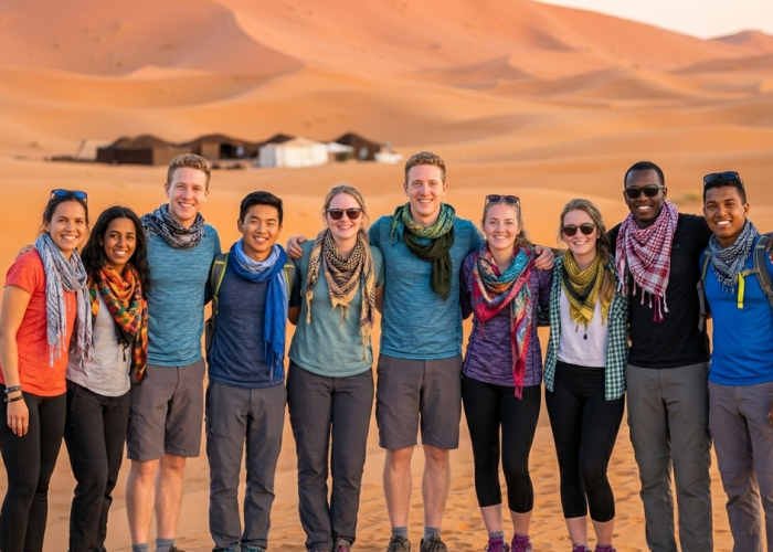 Group of friends in desert landscape student trip